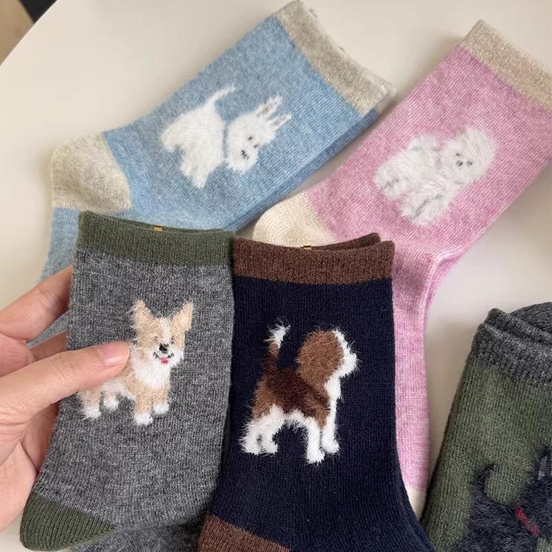 Модные Kawaii Носки с Собаками Зимние Теплые Мультяшные Милые Собака Кошка Животные Средней Длины Чулки Для Женщин Девочек Домашние Сонные Носки Подарки