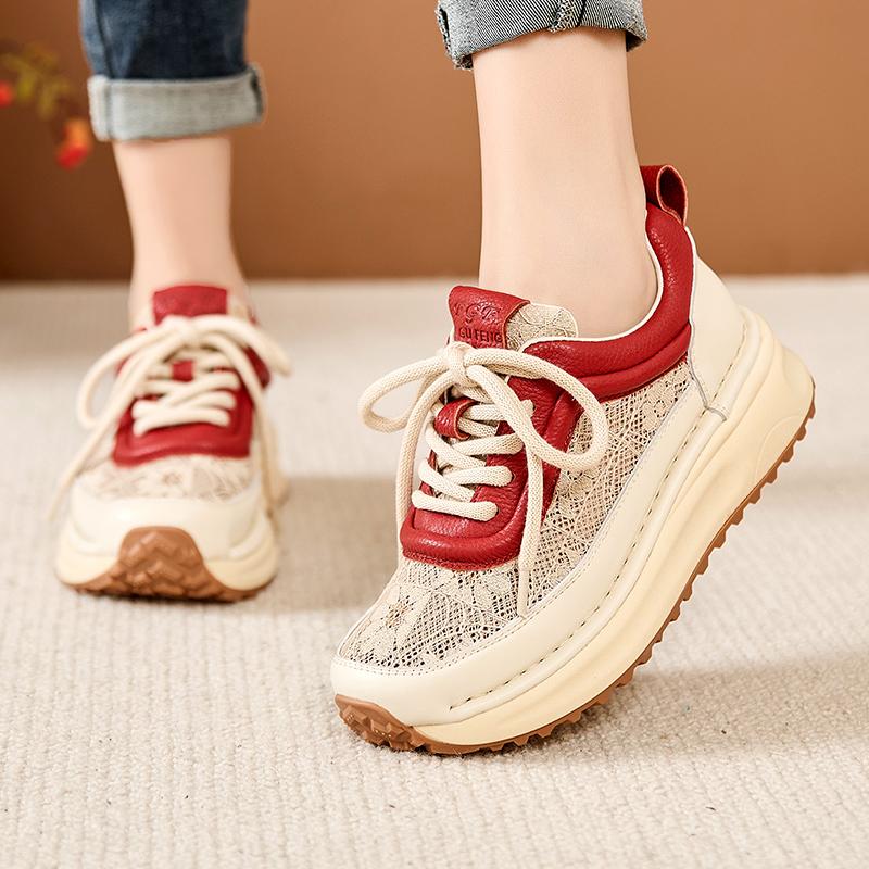 Fashion GKTINOO Sneakers Women Hollow Genuine Leather Retro Flats Thick Soled Lace-Up Summer Lady Handmade Flat Casual Shoes Women