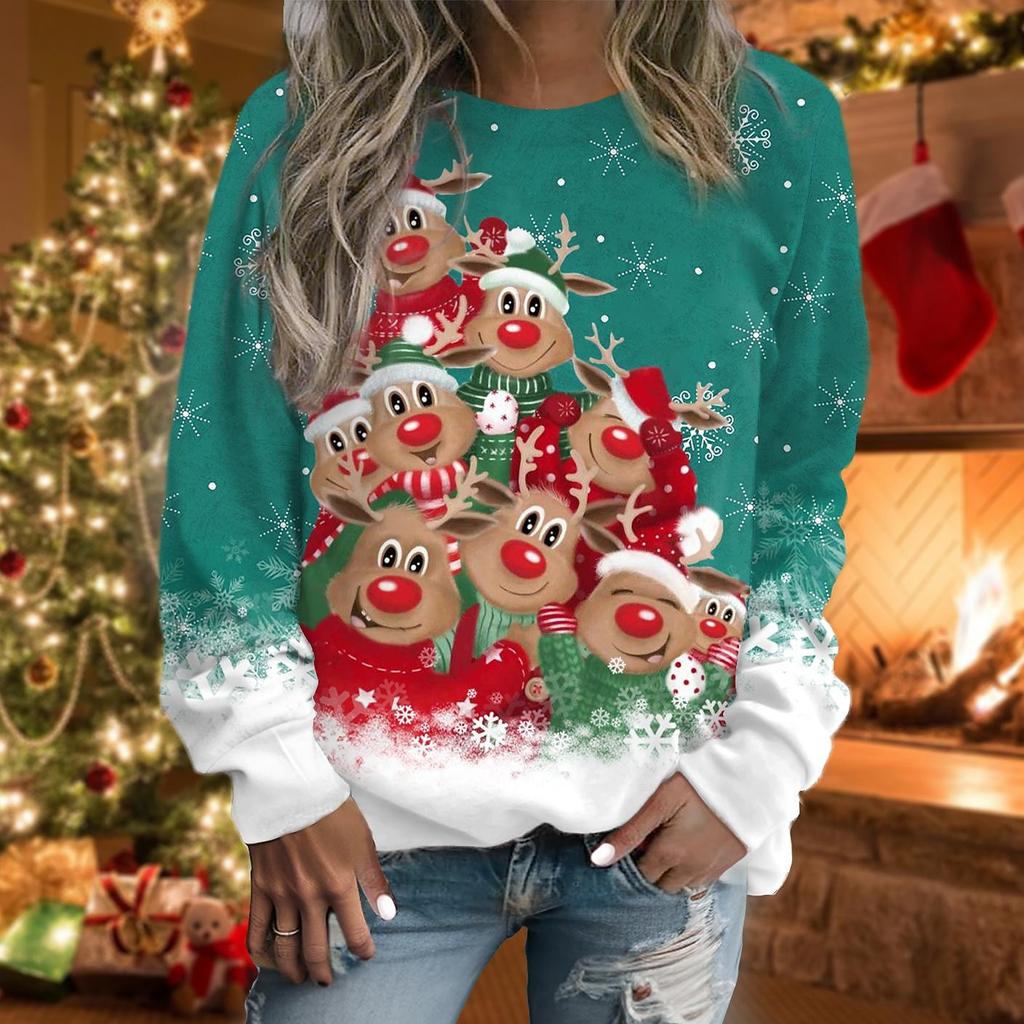 Женский свитер с рождественским рисунком оленя и снежинки, спортивная одежда, праздничный принт, рождественский топ с круглым вырезом, осень и зима XXS-6XL