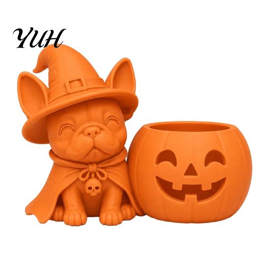 Halloween Party Table Decor French Bulldog Witch Statue, 3D Printed Pumpkin Candle Holder, Desktop Decoration Cute Dog Figurine Tabletop for