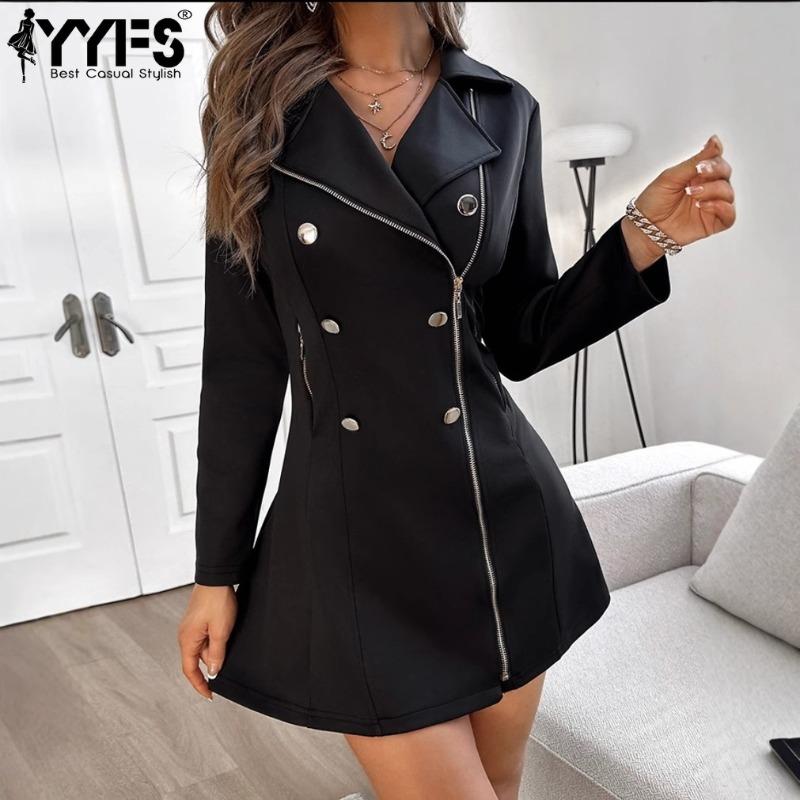 YYFS Women's Fashion Casual Spring Fall Solid Color Print Long Sleeve POLO Neck High Waist Casual Dresses