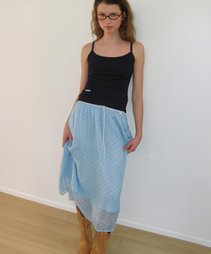 Ronron Sheer Pattern String Long Skirt Dot Blue