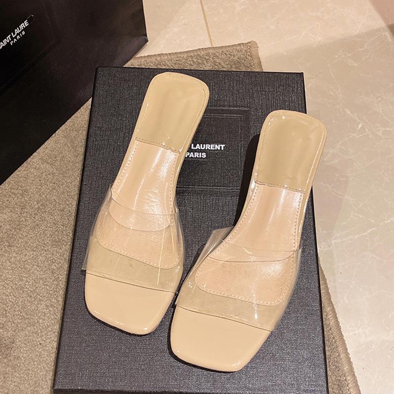 Transparent Cool Slippers Women's Outer Wear Summer New High-end Thick Heel Square Head Niche High Heel Slippers Ins Tide