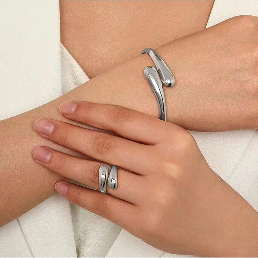 Fashion Commuter Festival Gifts Simple Personality Fashion Waterdrop Bracelet Ring Metal Jewelry Set 2pcs Temperament Set Women