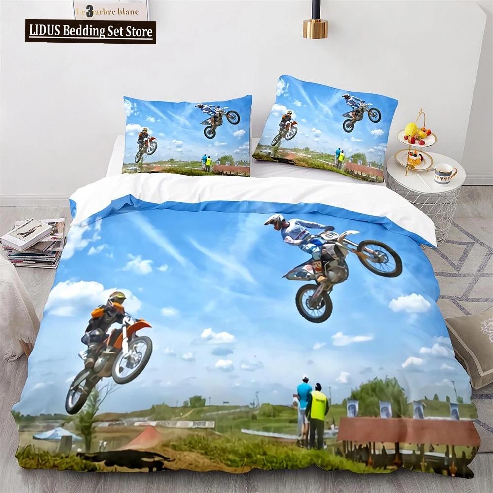 Dirt Bike Duvet Cover Set Motocross Rider Comforter Cover Motorcycle Extreme Sport Game Polyester Bedding Set For Kid Boys Teens
