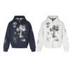 Mens Oversized Hooded Zip-Up Sweatshirt Vintage American Streetwear Cotton Pullover With Cross Print