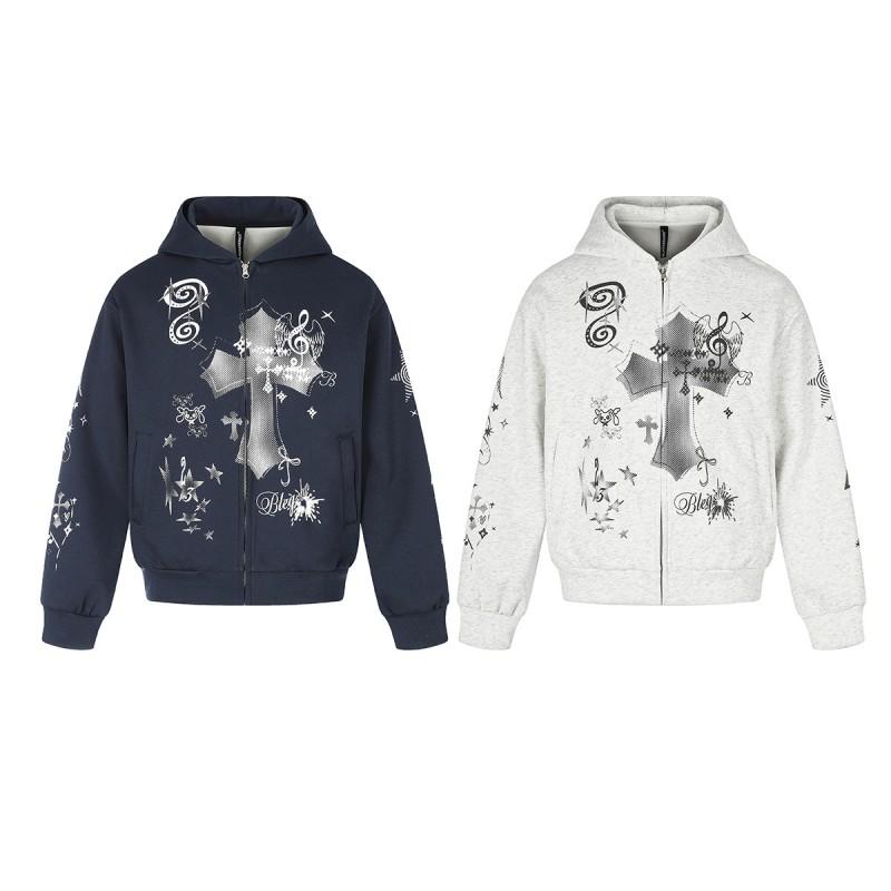 Mens Oversized Hooded Zip-Up Sweatshirt Vintage American Streetwear Cotton Pullover With Cross Print