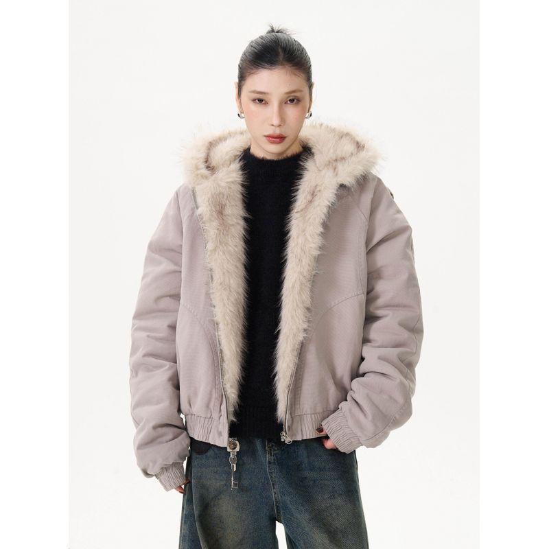 Kisko American Retro Deconstructed Silhouette Jacket with Mountain Carving, Unisex Warm Fur Collar Hooded Cotton Cardigan Coat