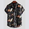Summer 2025 Men's Black Leaf Print Casual Cotton Short Sleeve Shirt