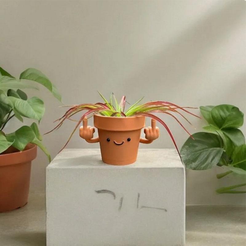 Funny & Unique Middle Finger Plant Pot, Face Smiling Flower Pot, Succulent Planter, Resin Figure Planter Pot For Indoor Outdoor
