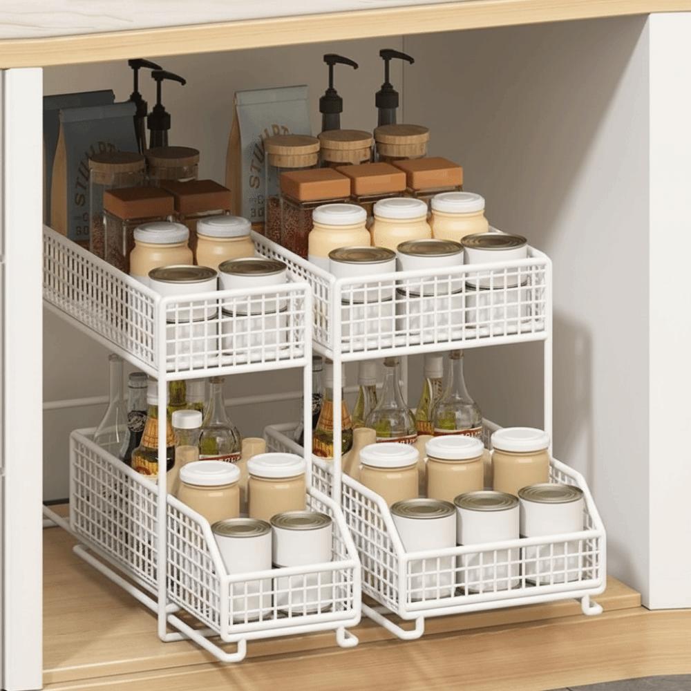 Iron 2 Tier Storage Basket Stable Frame Sliding Cabinet Basket Cabinet Organizer for Kitchen