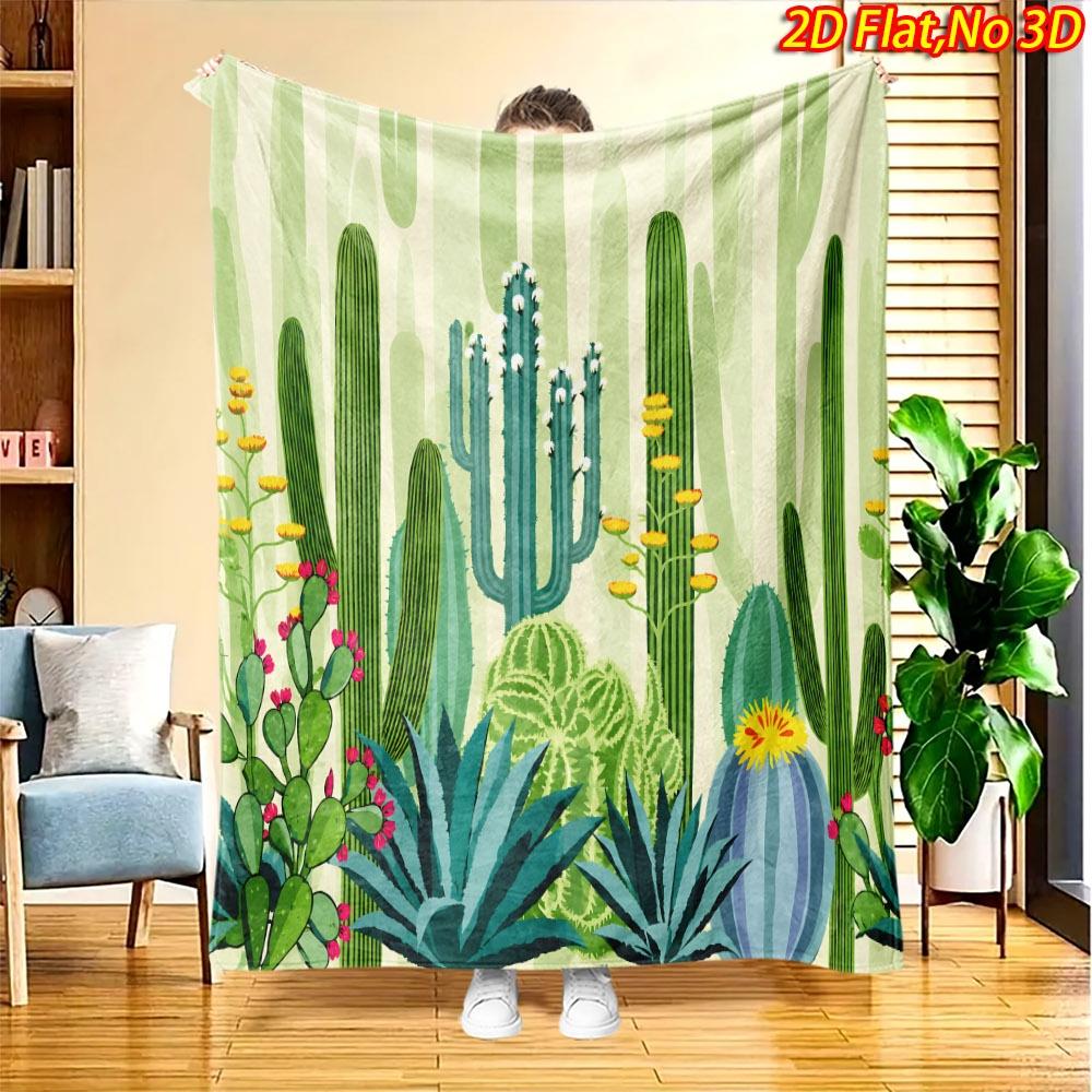 1pc 2D Flat Printing Spring And Summer New Arrival Cactus Floral Theme Digital Print Blanket, All-Season Use, Casual Throw, 100% Polyester Fiber Soft
