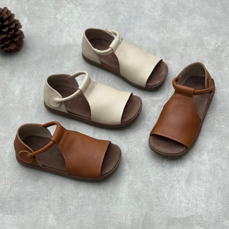 Handmade Genuine Leather Fish-mouth Sandals Summer Flat Shoes Velcro Soft Cowhide Women's Sandals