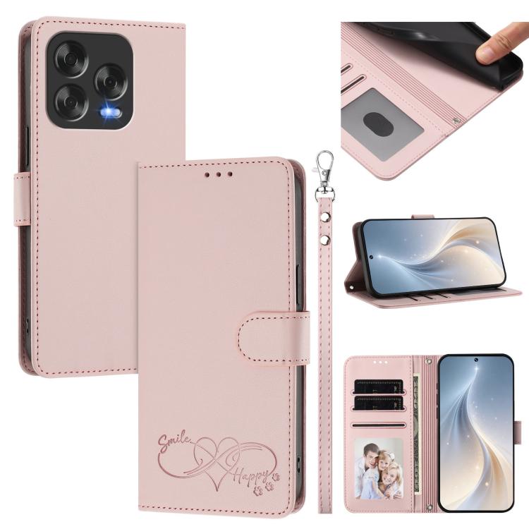 Happy Heart Pattern Magnetic Closure Vegan Leather Phone Case With Wrist Strap For ZTE Blade A56 4G
