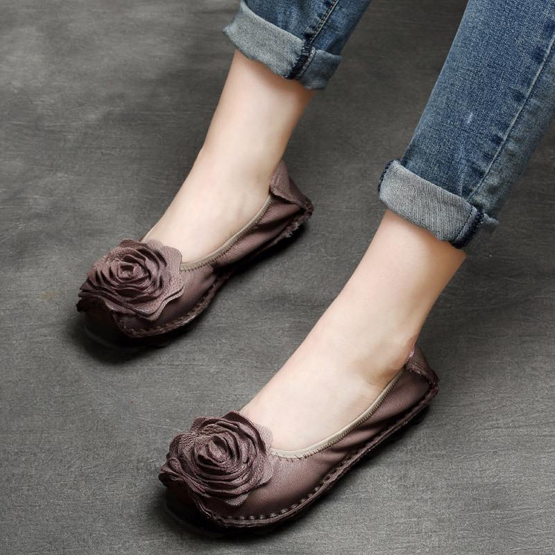 Модная GKTINOO Ретро Женская Обувь Лоферы Большой Цветок Мягкая Подошва Повседневная Низкий Каблук Роскошная Обувь Балетки Элегантная Натуральная Кожа Женская Обувь