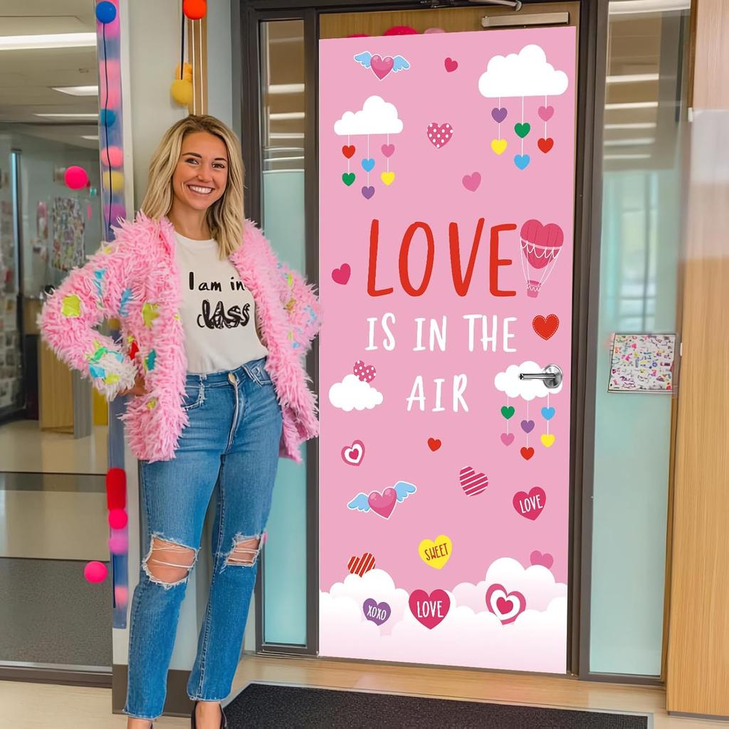 Valentine's Day Christian Door Cover Classroom Decoration Heart Love Christian Jesus Door Banner Religious Hanging Backdrop for Home New Year Xmas