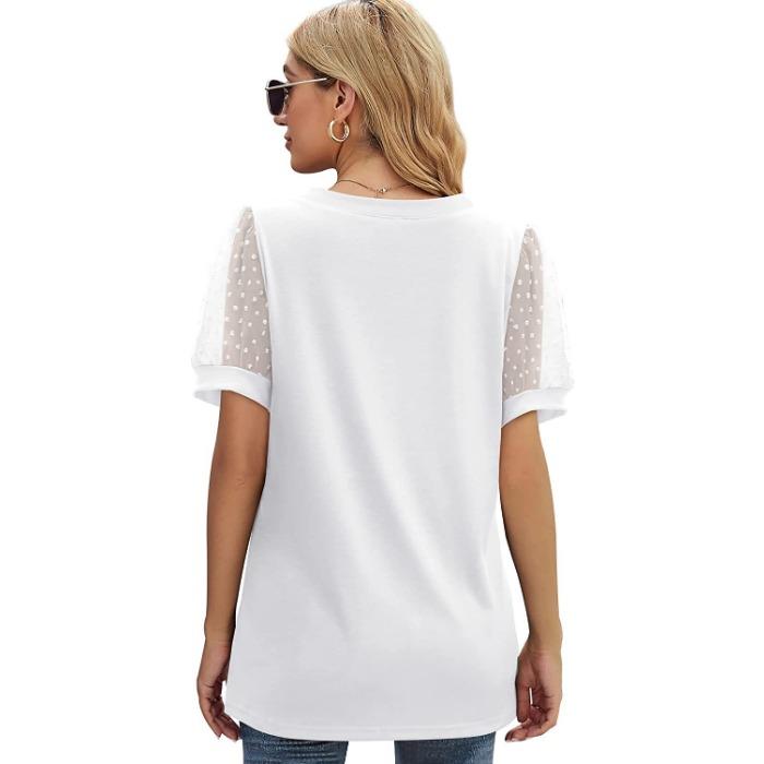 Summer Women's T-shirt Solid Color V-neck Simple Temperament Elegant Mesh Bubble Sleeve