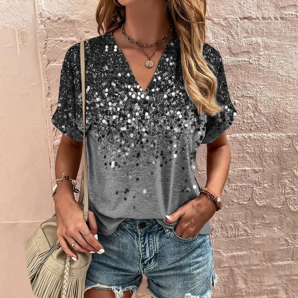 Модная женская футболка с коротким рукавом и V-образным вырезом, летняя блестящая повседневная футболка для женщин, свободный топ оверсайз, пуловер, женская футболка