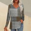Fashion Tops Casual Pleated V-Neck Carpet Checkered Print Long Sleeve T-Shirt