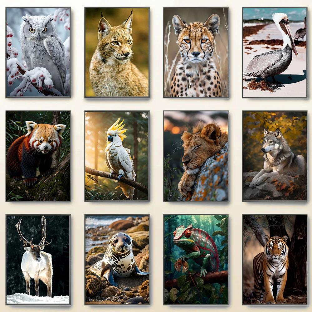 Modern Forest Grassland Wildlife Lion Tiger Panda Falcon Brown Bear Poster Canvas Paintings Wall Art Pictures Home