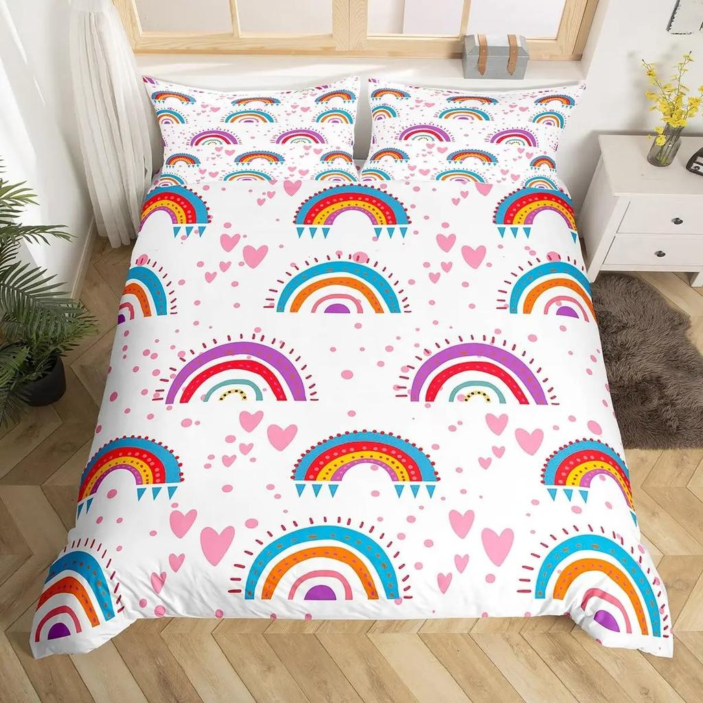 Red Valentine'S Day Rainbow Duvet Cover Twin Size,Cartoon Love Heart Bedding Set For Girls Women Moon Leaves Comforter Cover