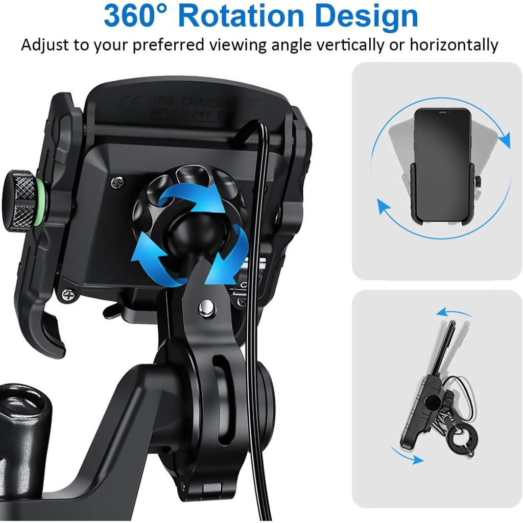 Держатель для телефона на мотоцикл, зарядное устройство, разъем USB/QC 3.0 с выключателем, водонепроницаемый на 360°, зарядное устройство USB, алюминиевый руль/зеркало для просмотра телефонов с диагональю 3,5–6 дюймов