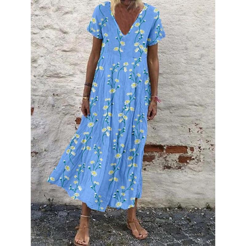Летнее женское платье с короткими рукавами и V-образным вырезом с принтом