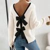 Women's Round Neck Long Sleeve Knit Sweater Loose Fit Casual Pullover with Back Bow