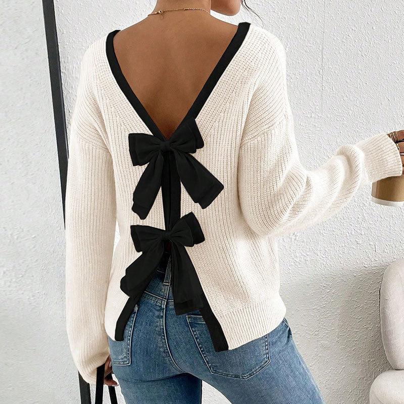 Women's Round Neck Long Sleeve Knit Sweater Loose Fit Casual Pullover with Back Bow