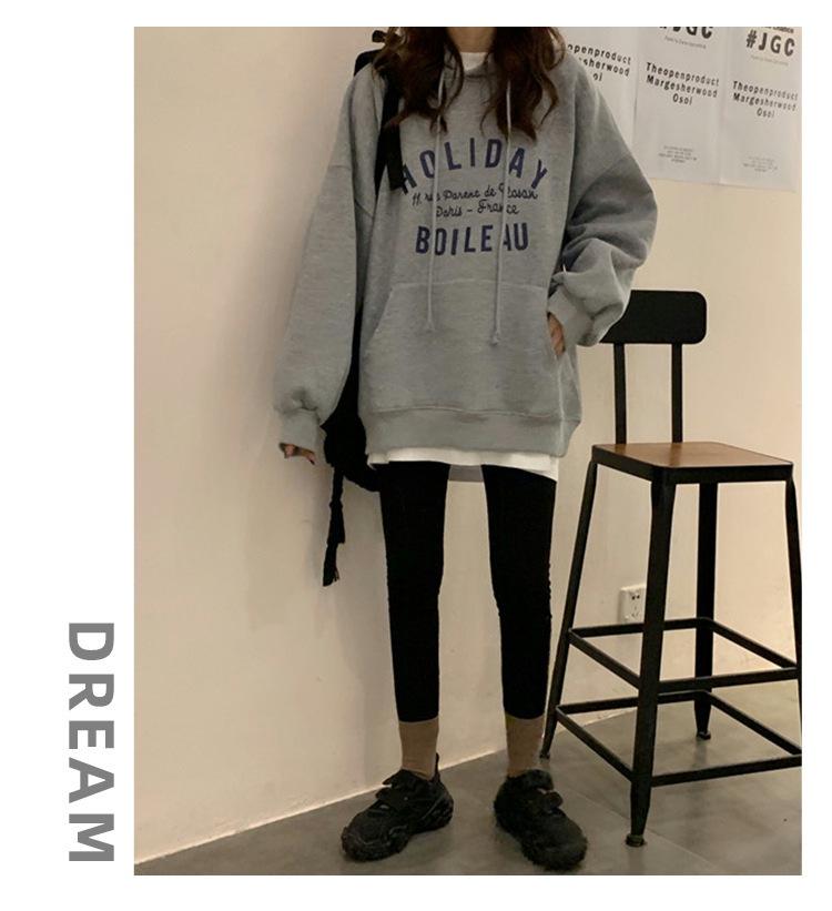 Мягкий Утепленный Свободный Худи Женская Осенне-Зимняя Куртка Древняя Футболка с Длинным Рукавом Топы Мода Ретро Универсальный Свитшот