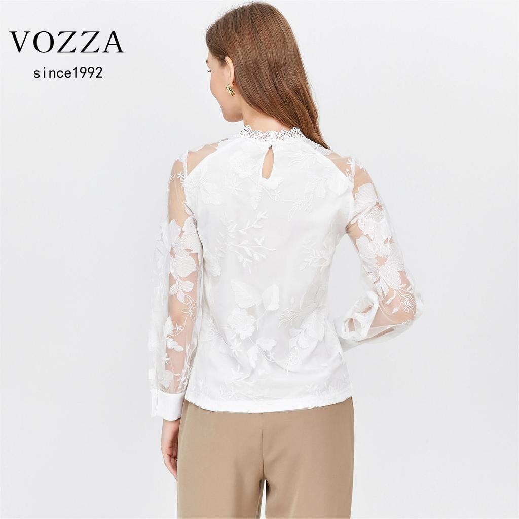 VOZZA Lace Long Sleeve Top with Embroidered Puff Sheer Floral Band Perfect for and Parties Women's See-Through Blouse/Shirt, Sleeves, Print, Stand-Up
