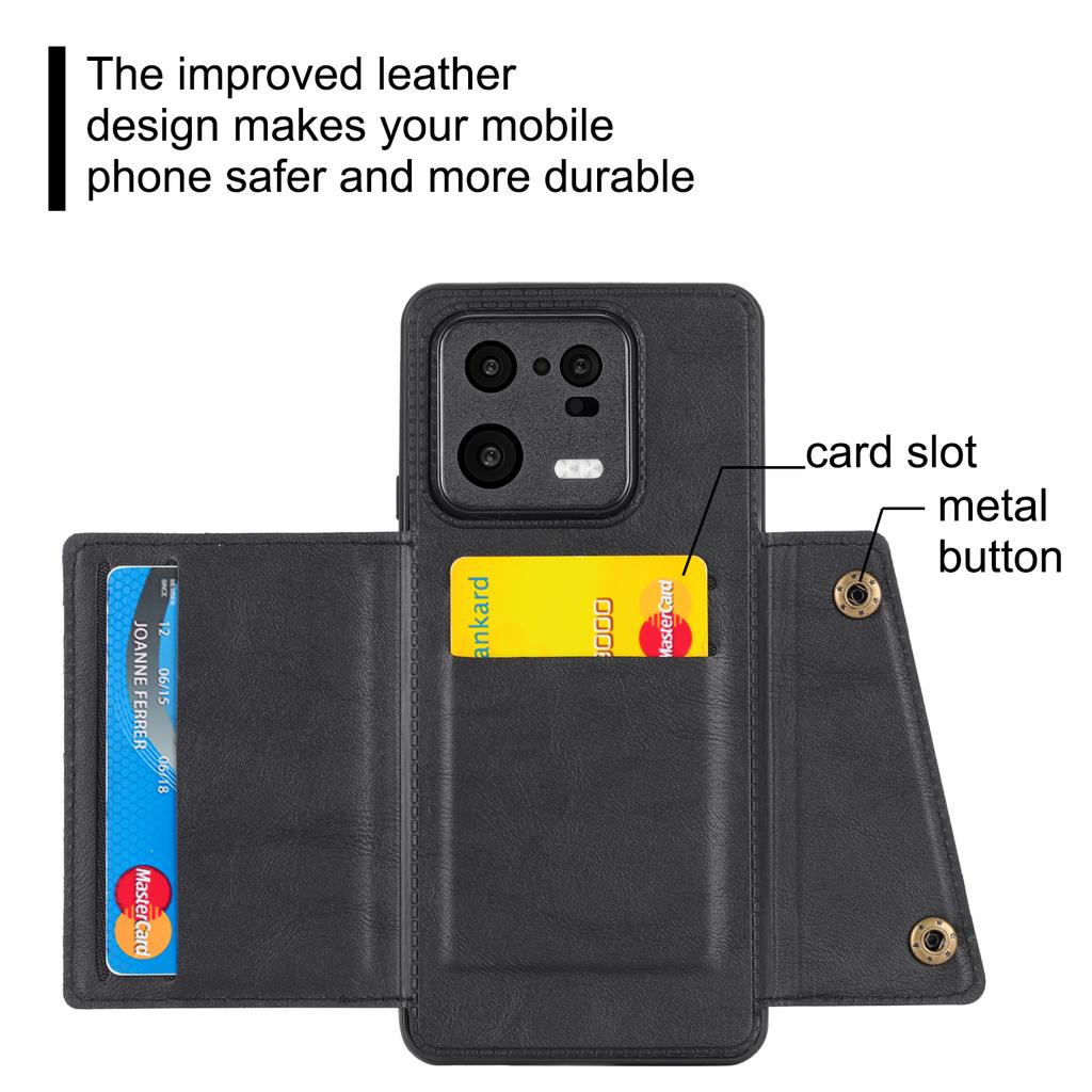 Чехол-подставка для телефона Xiaomi 13 5G с двойной кнопкой, слотами для карт, противоударный чехол из ТПУ, покрытый искусственной кожей, со встроенной металлической пластиной