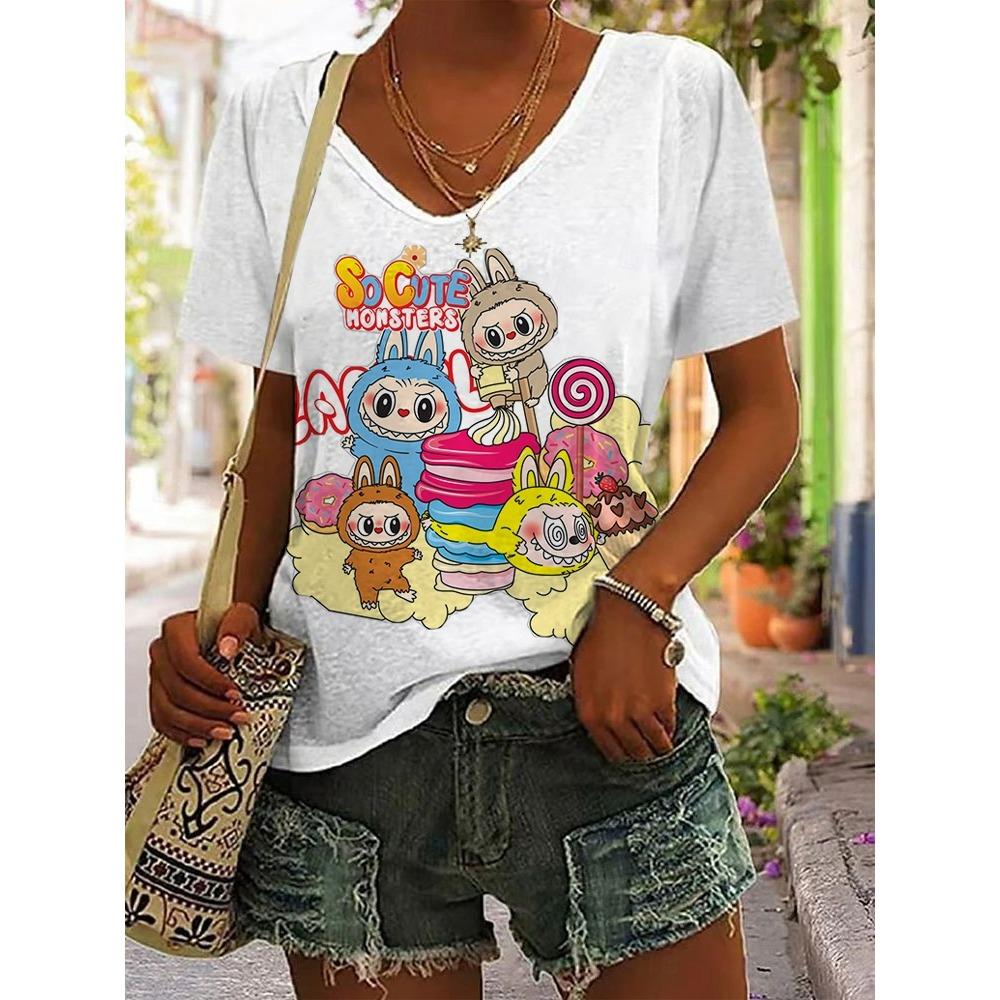 Женская хлопковая футболка с коротким рукавом Labubu, летний тренд 2025, с рукавом до локтя, в стиле Ins, универсальная уличная одежда