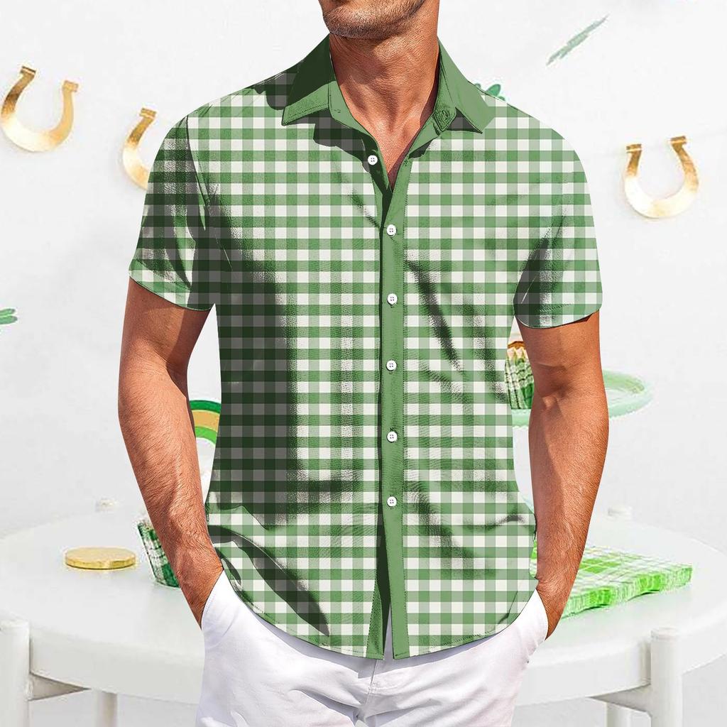 Мужская повседневная рубашка с короткими рукавами, приталенная, модная, с принтом в клетку