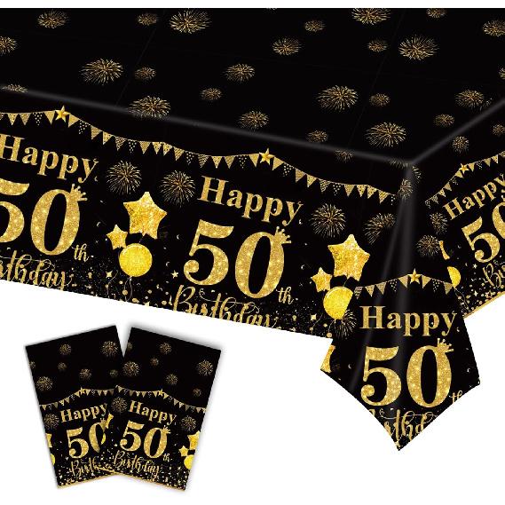 50th Black Gold Birthday Tablecloths Plastic Disposable 2 Pack Table Cloth Happy Party Birthdays Decorations Rectangular Table Cover 54"x108"