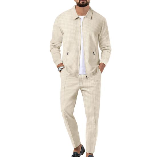 2Pcs/Set Men Outfit Lapel Long Sleeve Zipper Placket Coat Elastic Waist Adjustable Drawstring Long Pants Set