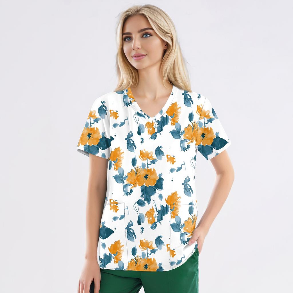 Рабочая форма больших размеров с принтом, топы для женщин, забавные футболки с v-образным вырезом и короткими рукавами, рабочая одежда, футболка с карманами
