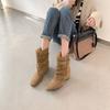 Retro Square Head Western Pile Medium Boots Women's Autumn and Winter Double Belt Buckle Rivet Thick Heel Skinny Knight Boots