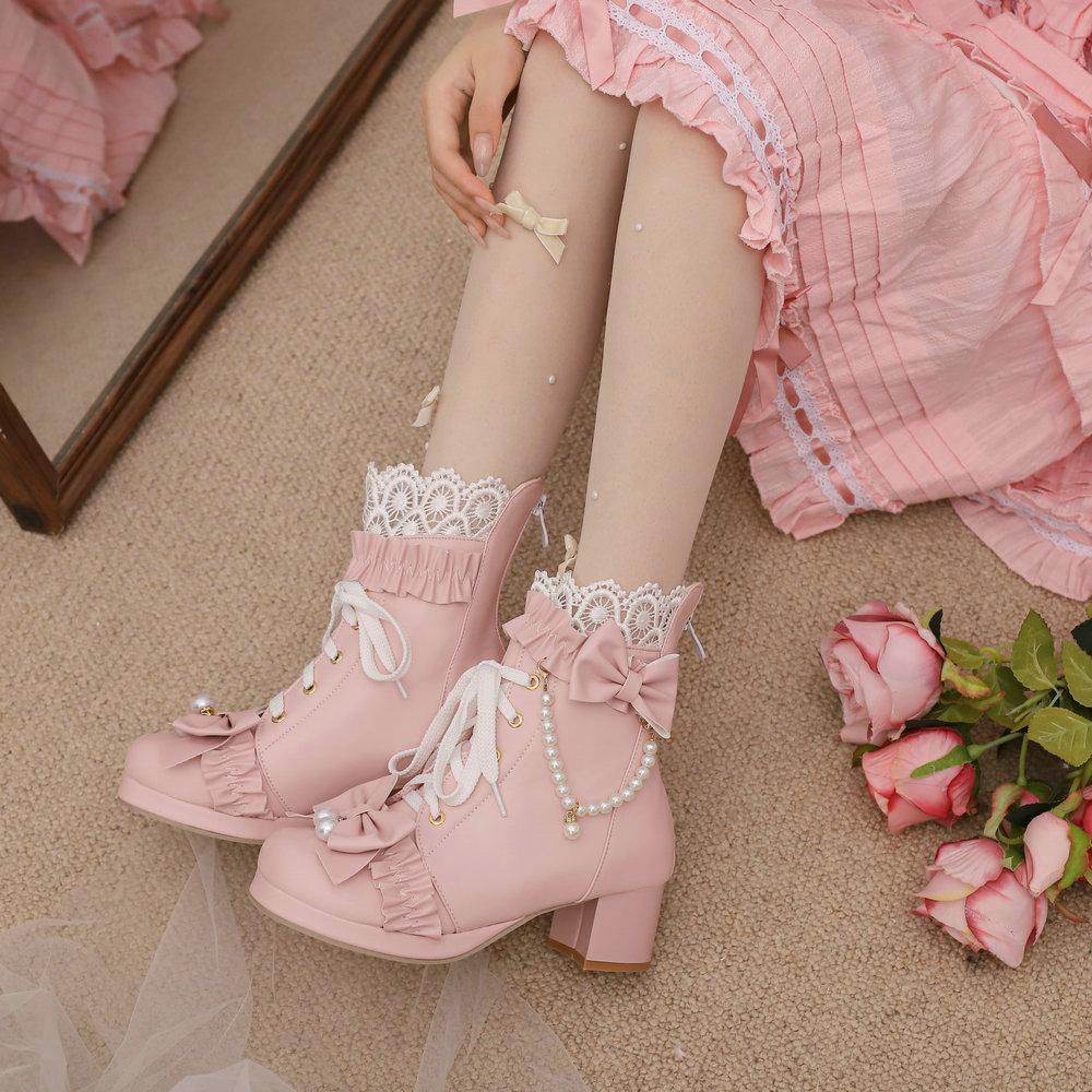 Модные ботильоны с бантом на шнуровке на толстом каблуке, милые туфли в стиле Лолиты, мужские туфли для косплея на Хэллоуин, ботильоны принцессы-горничной, украшенные бисером