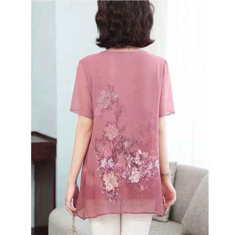 Женская летняя рубашка с коротким рукавом из шифона с принтом для мам, простые топы с круглым вырезом средней длины