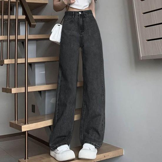 Women's Jeans with High Waist Zipper Closure Vintage Loose with Pockets Trousers Casual Wear Straight Wide Street Long Trousers