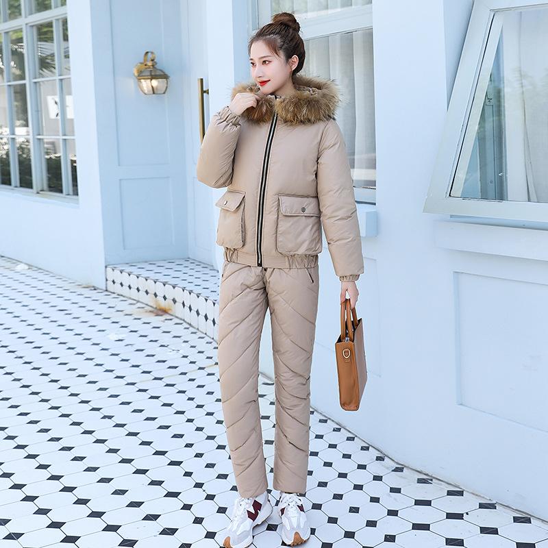 Уличная одежда с хлопковой подкладкой, женские зимние новые стильные топы и брюки, повседневная одежда, костюм, облегающая утолщенная одежда с хлопковой подкладкой