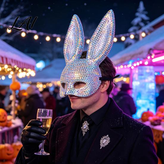 New Year Eve Party Mask Disco Mirror Rhinestone Rabbit Mask Sparkly Glitter Bunny Face Sexy Ear for Halloween Party Shiny Reflective Festive Cosplay