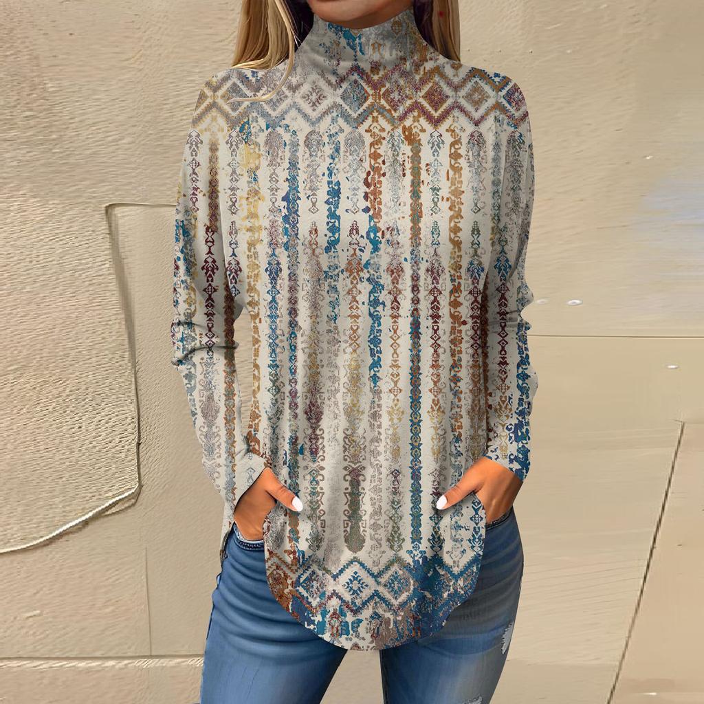 Женская модная повседневная футболка с длинным рукавом с высоким воротом и принтом, пуловер, топ