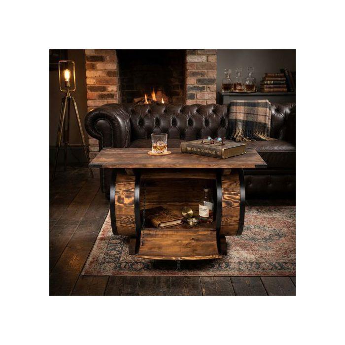 Table basse - CREATIVE COOPER - SK_DPSW_OP - Pin flammé - Forme tonneau - Porte abattante, rangement