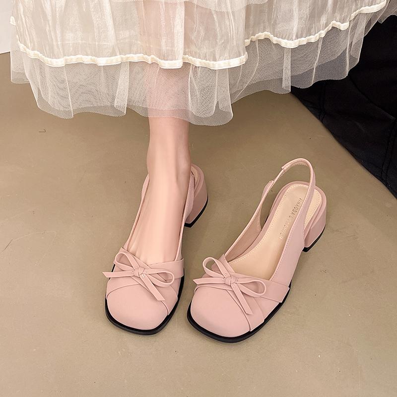 Fashion Women Square-toed Shallow Thick-heeled Sandals Elegant Bow Shoes Woman Summer Pu Ballerinas Soft Square Head Casual Sandals