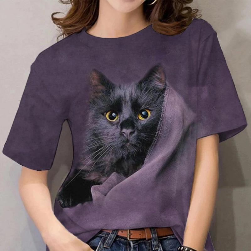 Летняя женская футболка с коротким рукавом, милый кот с 3D-принтом, модные свободные повседневные футболки с круглым вырезом, женские