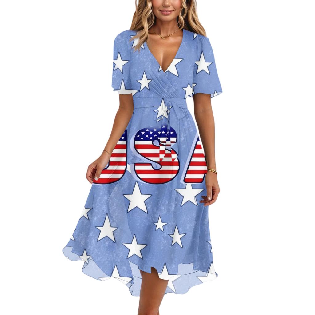Модное женское повседневное платье с V-образным вырезом, короткими рукавами и принтом ко Дню Независимости
