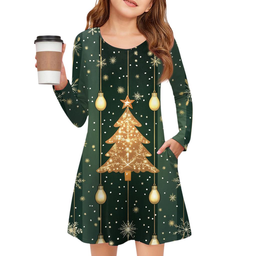 Christmas Day Girls' Long Sleeve Dress - Color Pocket Dress