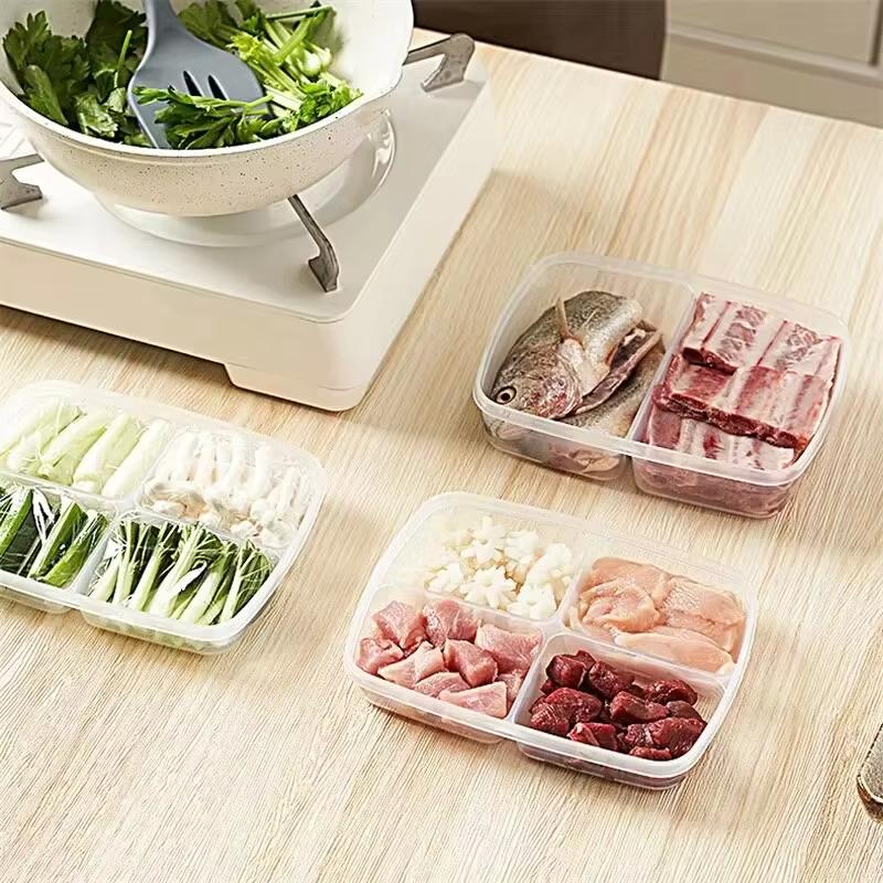 Замороженное мясо с лентой для хранения в холодильнике. Коробка для свежего мяса, лука, имбиря, чеснока. Коробка для овощей.